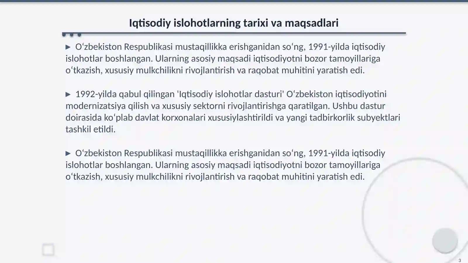 Iqtisodiy islohotlar. Xususiy mulkchilikning shakllanishi 3