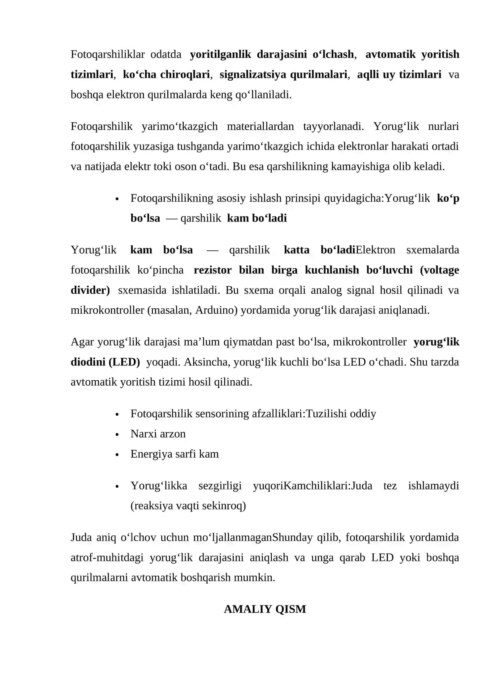 Amaliyot ishi №9: Fotoqarshilik. Yorug‘lik diodlarini yoqish yoki o‘chirish orqali yorug‘lik darajasiga ishlov berish 3