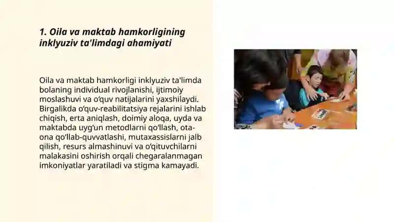 Alohida yordamga muhtoj bolalarni umumta'lim maktabi yoki maktabgacha tashkilotda inklyuziv ta'lim sharoitida o'qitishga moslashishida oila va maktabning o'rni 3