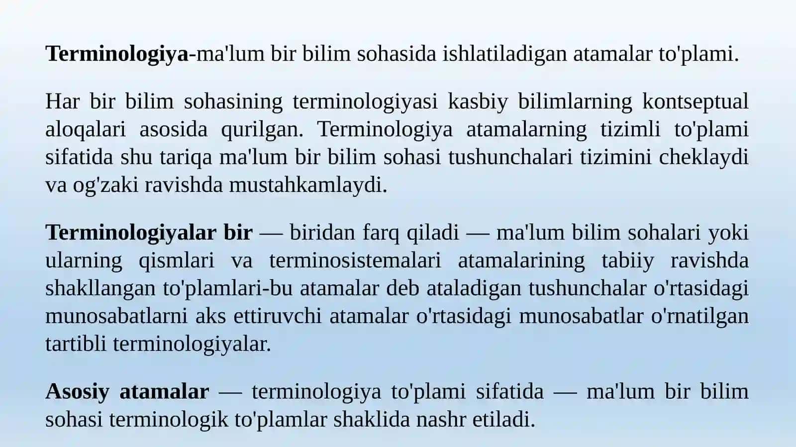Til va terminologiya. Men tanlagan sohada oʻzbek tilining oʻrni 3