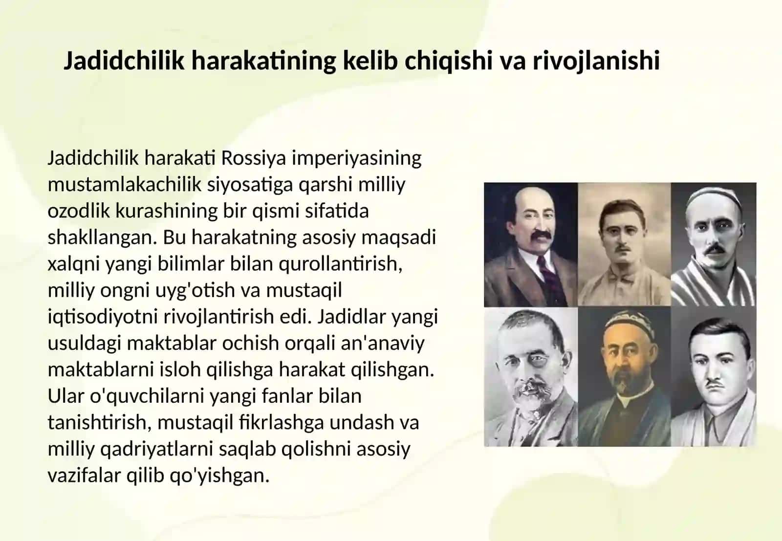 Jadid ma'rifatparvarlarining o'lka ijtimoiyma'naviy hayotida tutgan o'rni (Munavvar Qori,Fitrat,Behbudiy,Avloniy va boshqalar) 3