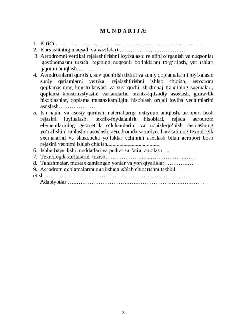 AERODROMLARNI LOYIXALASH, QURISH VA EKSPLUATATSIYASI fanidan 3