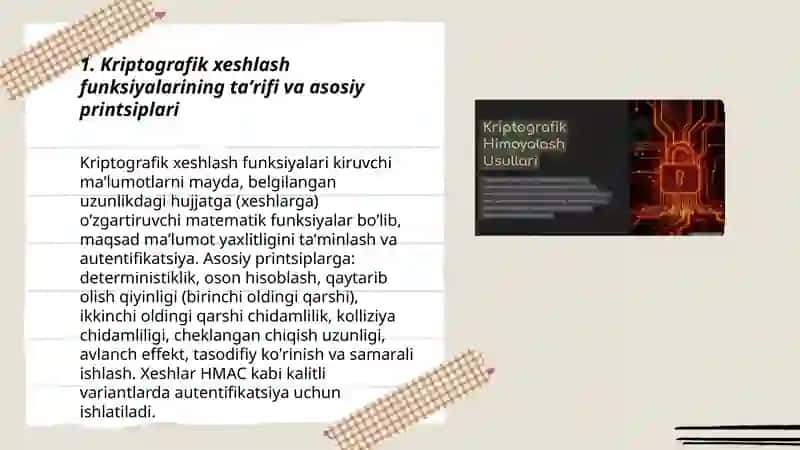 Kriptografik xeshlash funksiyalari va ularning ma'lumotlar yaxlitligini ta'minlashdagi roli 3