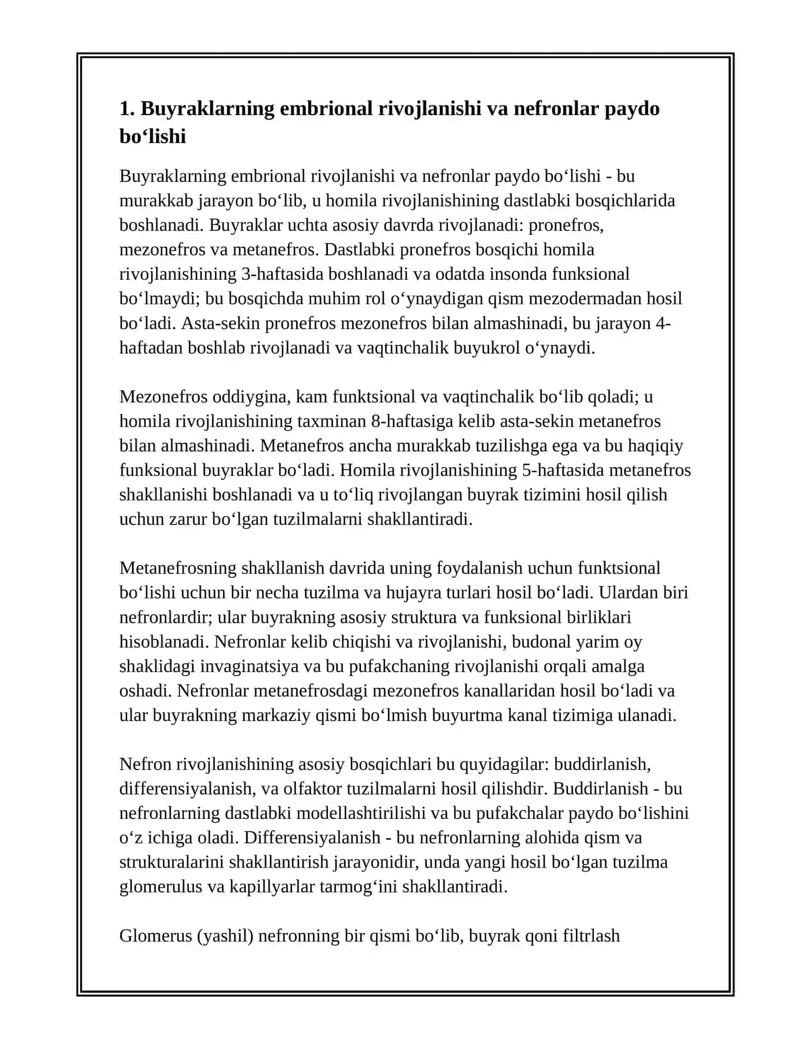 Buyraklarning embrional rivojlanishi va nefronlar paydo bo‘lishi 3