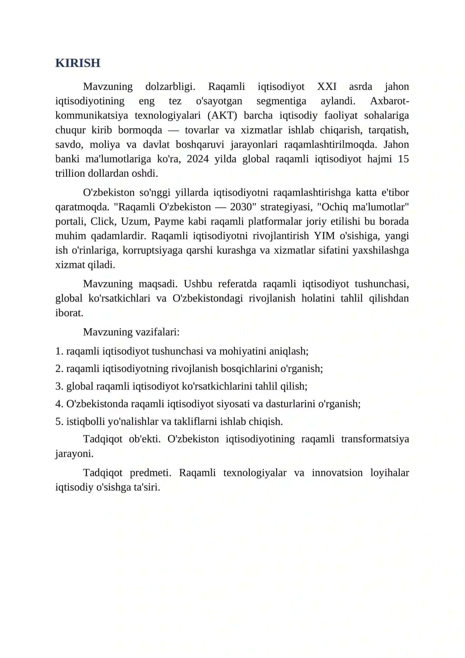 RAQAMLI IQTISODIYOT VA UNING O'ZBEKISTONDA RIVOJLANISHI REFERAT 3