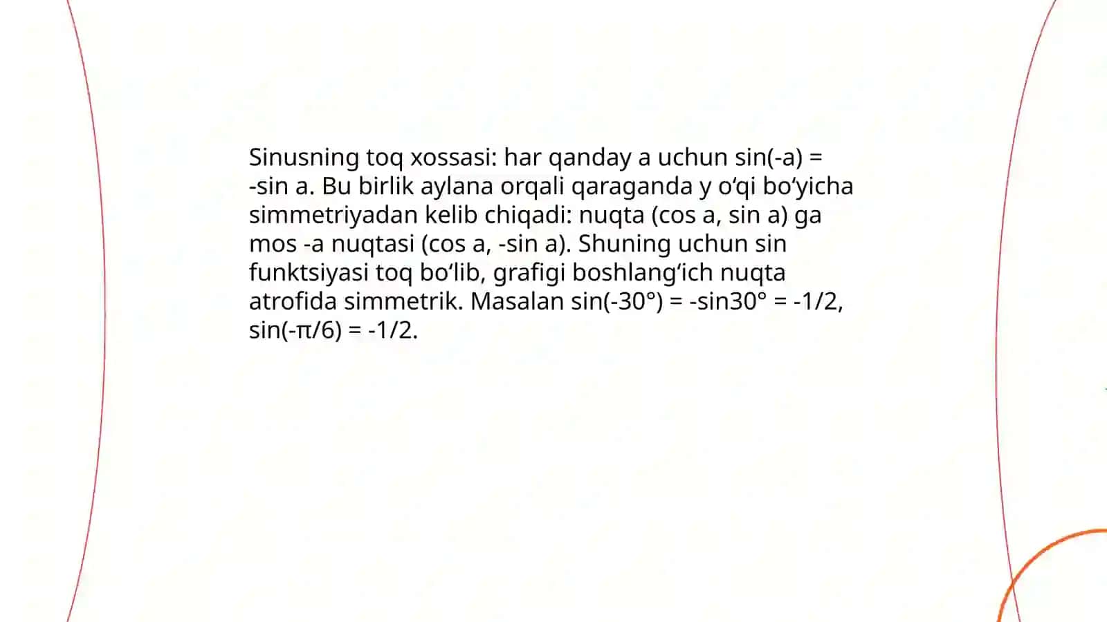 Mavzu: a va -a burchaklarning sinusi kosinusi tangensi va kotangensi 3