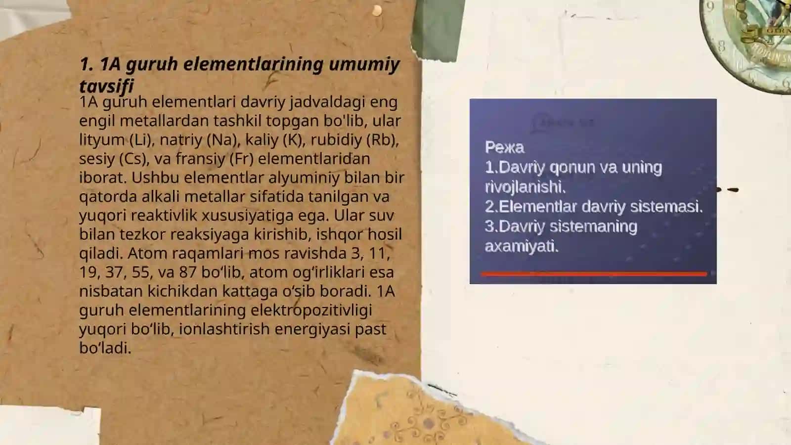 Davriy sistemaning asosiy guruppachasi 1 a guruh elementlari Elementlar va birikmalarining tarqalishi olinishi xossalari va ishlatilishi 3