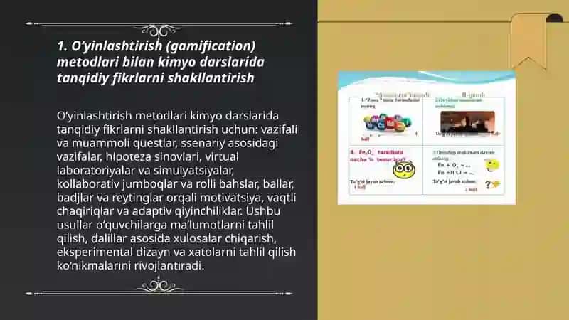 Kimyo darslarida tanqidiy va kreativ fikrlarni rivojlantirishga qaratilgan oʻyin texnologiyalari 3
