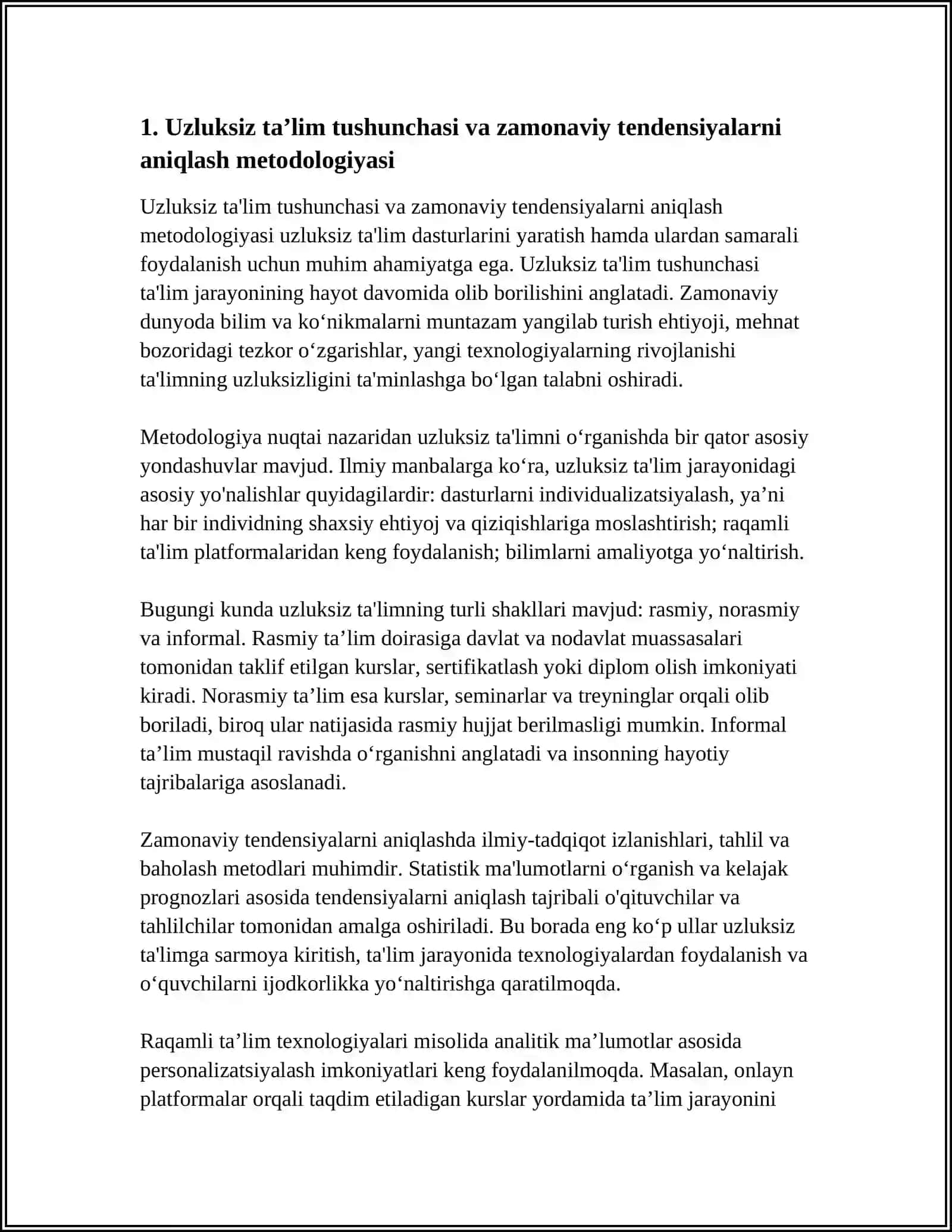 UZLUKSIZ TAʼLIMDAGI TENDENSIYALARNI OʻRGANISH BOYICHA ZAMONAVIY YONDASHUVLARNI OZLASHTIRISH 3