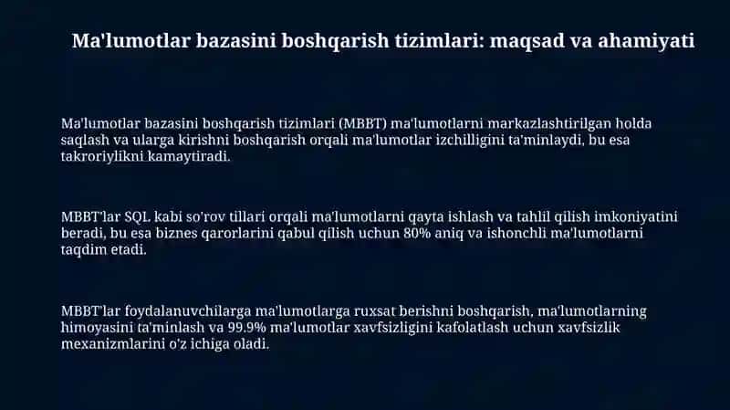 Ma'lumotlar bazasini boshqarish tizimlari: Maqsadi 3
