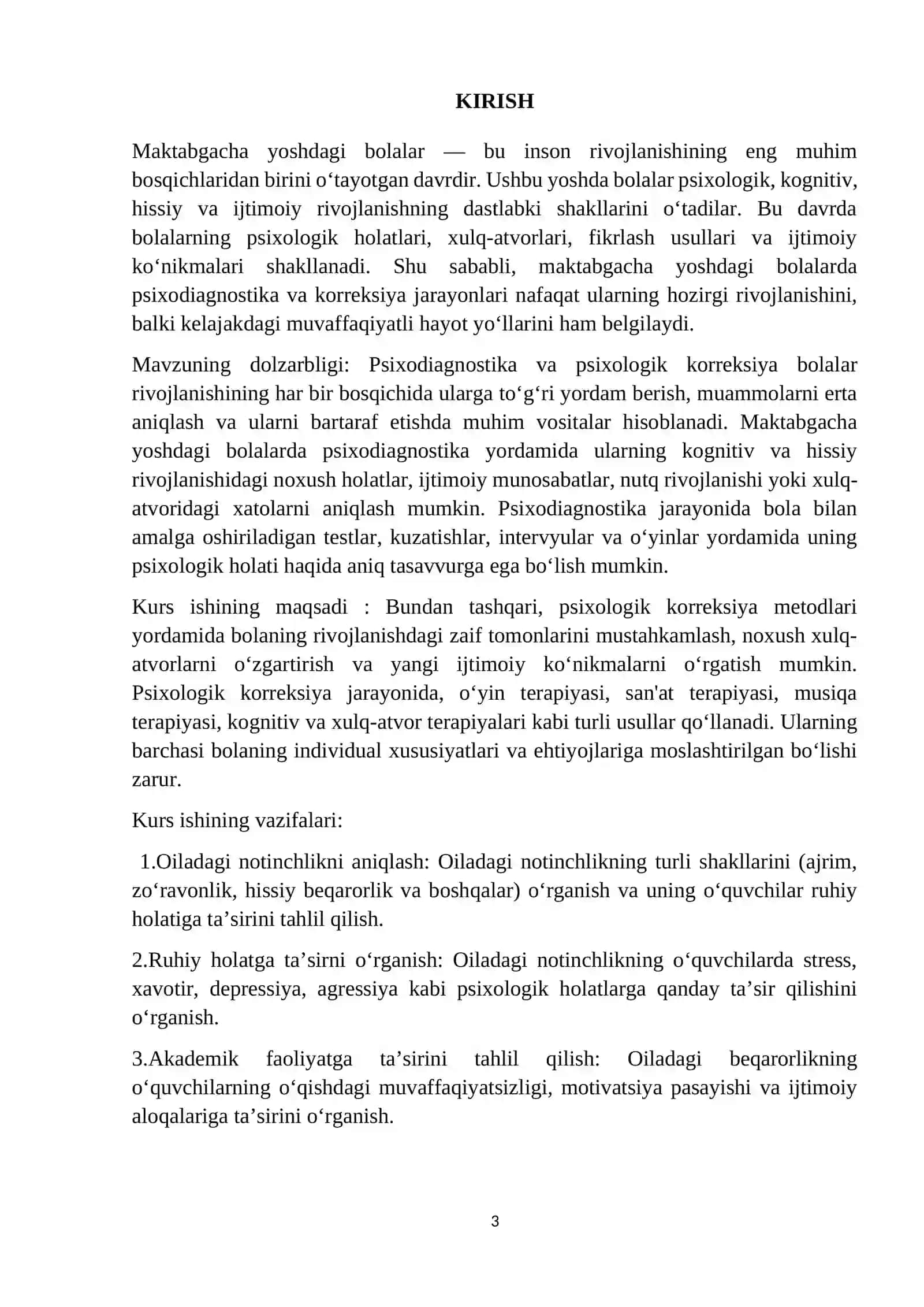 Maktabgacga yoshdagi bolalarda psixodeagnostika va korreksiyasi mavzusidagi kurs ishi 3