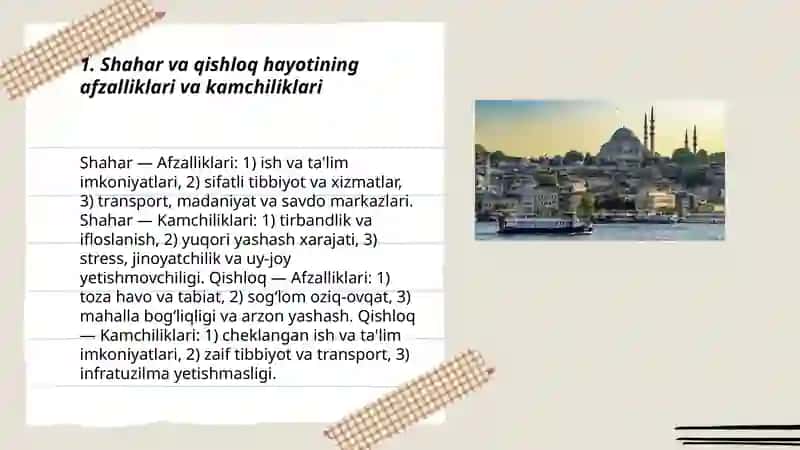 Shahar va qishloq hayotining afzalliklari va kamchiliklari 3