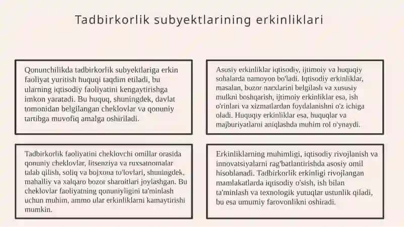 Tadbirkorlik subyektlarining qonunchilikda man etilmagan har qanday faoliyatni amalga oshirish erkinligi kafolatlari tushunchasi va turlarining o‘zaro o‘xshash hamda farqli jihatlari 3