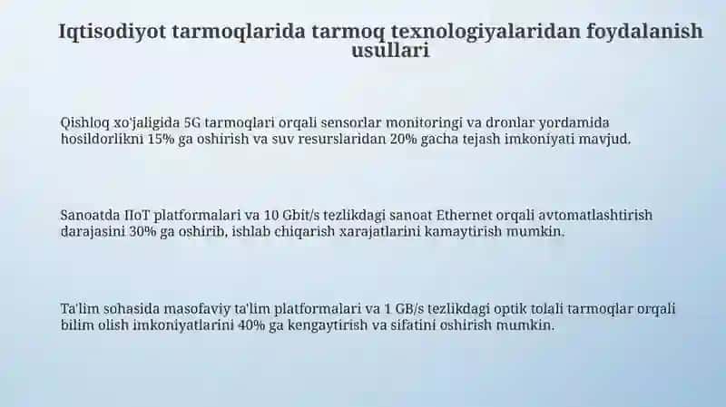 Tarmoq texnologiyalarining iqtisodiyot sohalarida qo'llanilishi 3