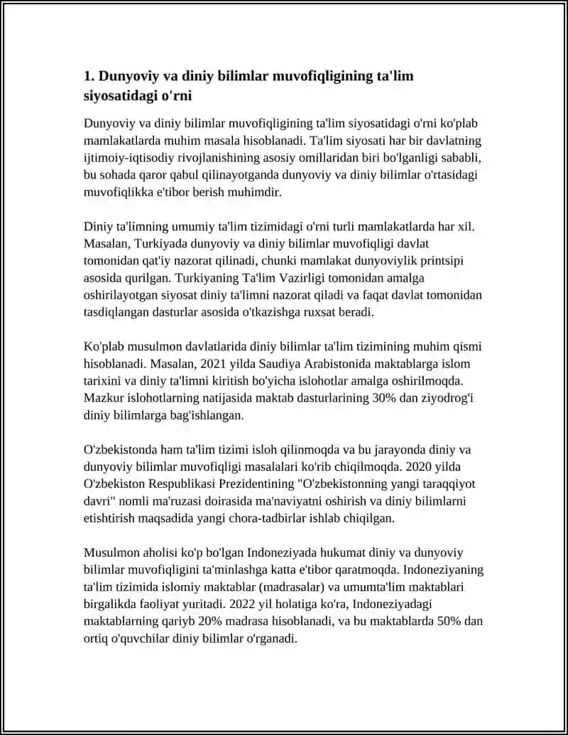 MUSTAQIL ISH Mavzu: DUNYOVIY VA DINIY BILIMLAR MUTANOSIBLIGINI TAMINLASHNING AXAMIYATI. 3