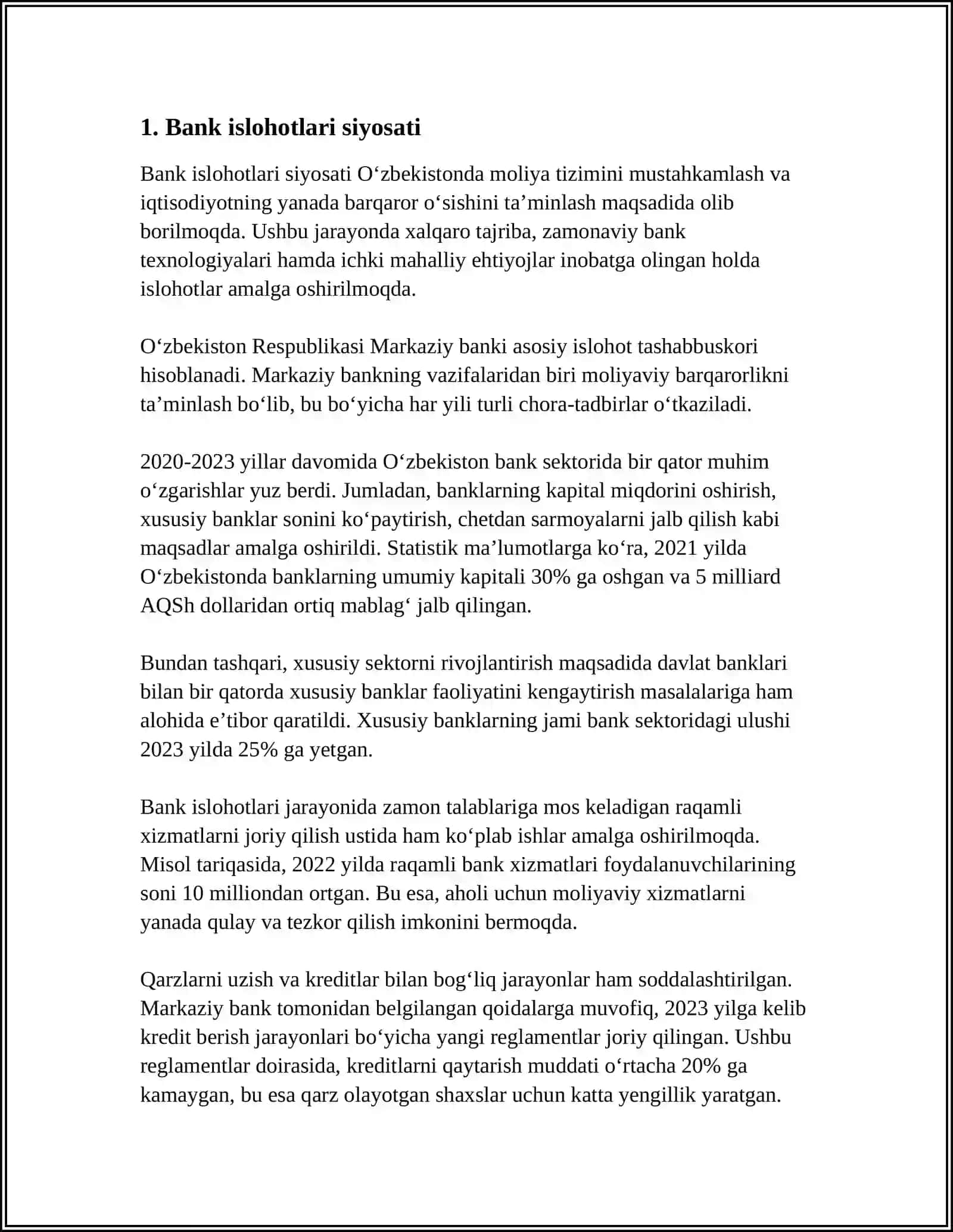 MUSTAQIL ISH Mavzu: O'ZBEKISTONDA BANK TIZIMINI TAKOMILLASHTIRISH 3