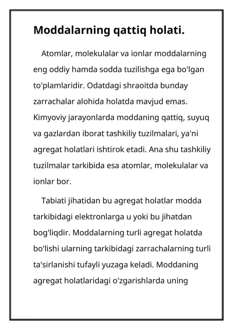 Modda tuzilishi(qattiq, suyuq, gaz, va plazma holatlar) Elementar zarralar(Amorf va kristalll moddalar, Suyuq kristallar) 3