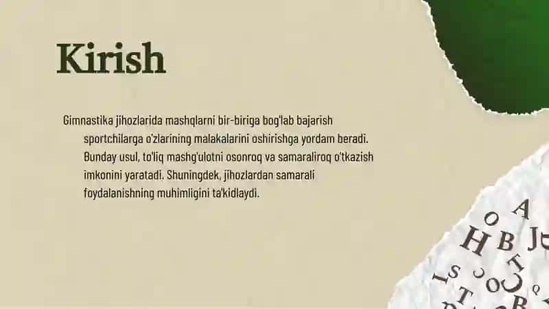 Gimnastikajihozlaridamashqlarnibirbirigabog'labbajarish 3
