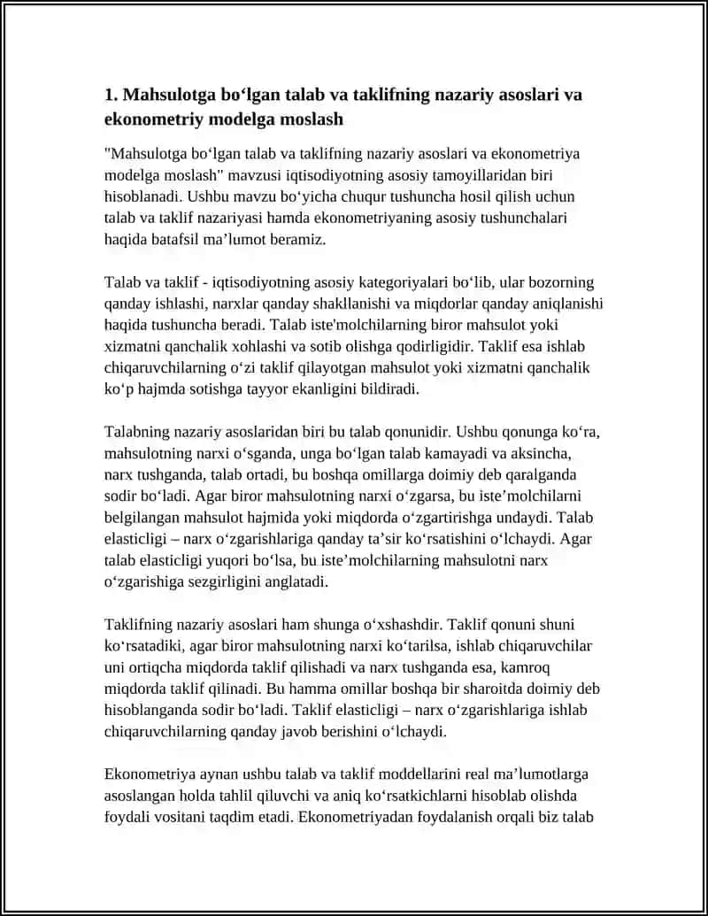 MAHSULOTGA BO’LGAN TALAB VA TAKLIFNING EKONOMETRIK MODELINI TUZISH VA PROGNOZINI AMALGA OSHIRISH 3