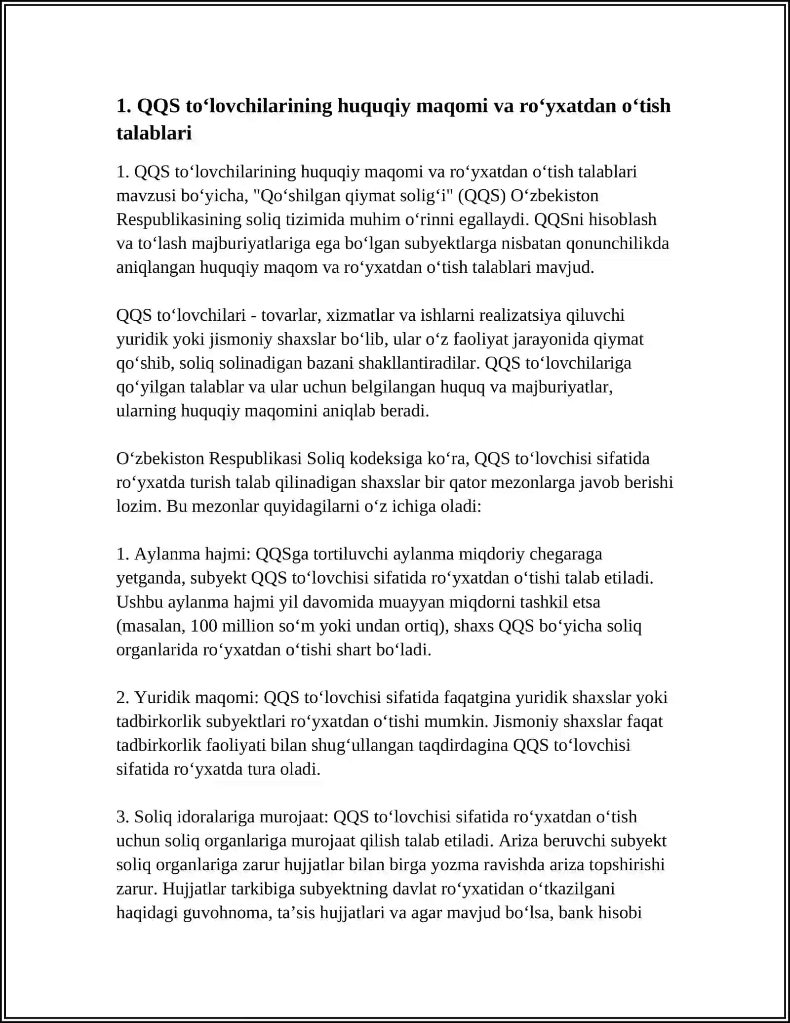 QOSHILGAN QIYMAT SOLIGʻI TOLOVCHILARI, SOLIQ SOLISH OBYEKTI VA BAZASI 3