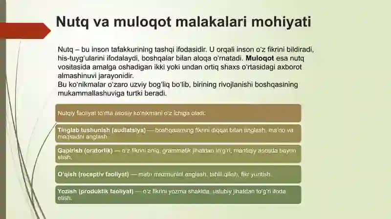“Nutq, muloqot, o‘qish va yozish malakalari” soha kompetensiyalari taqdimot 3