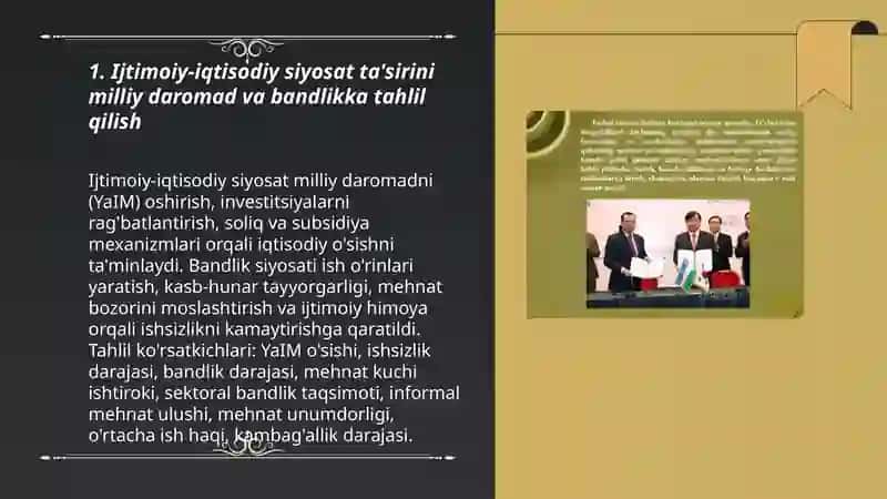 O'zbekiston Respublikasining iqtisodiy siyosati tahlilini(ijtimoiy-iqtisodiy,investitsiya,innovatsiya,agrar,logistika,ta'lim,tibbiyot,sanoat,xizmatlar sohasi bo'yicha)bajarish 3
