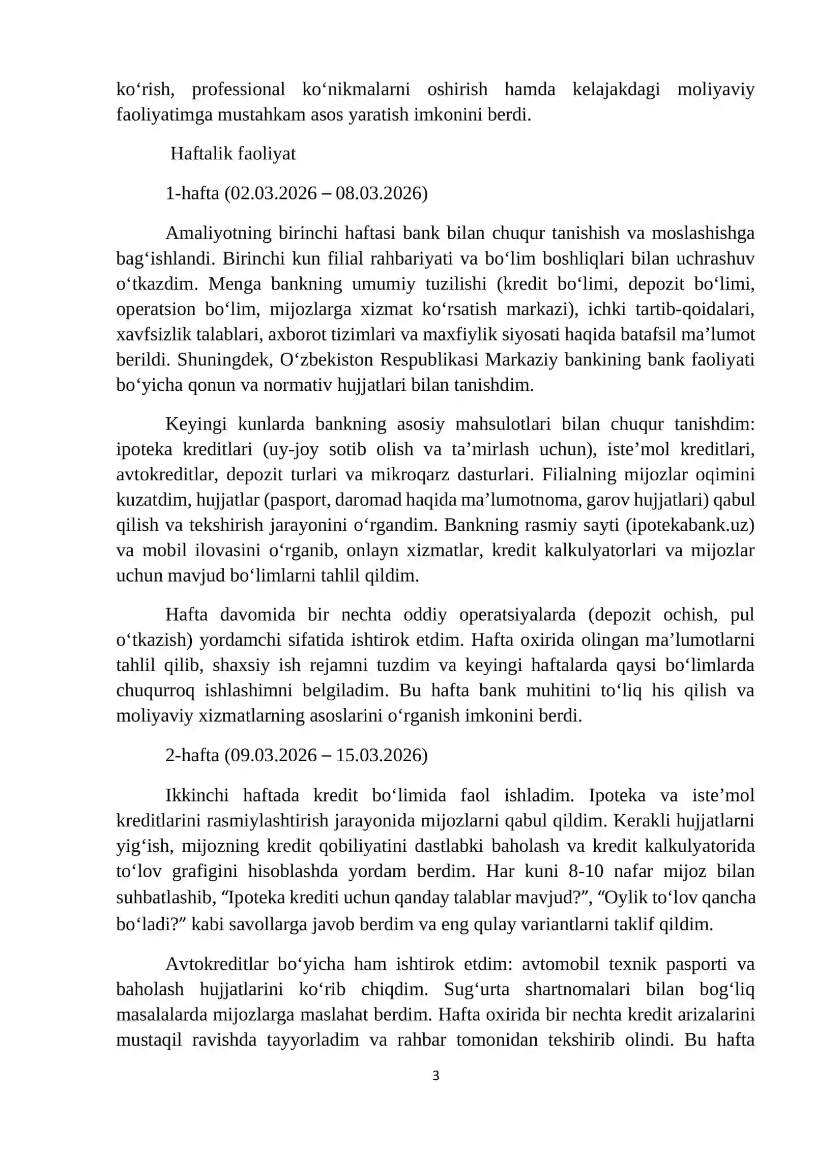 IPOTEKA BANK AMALIYOT HISOBOTI. 6 HAFTALIK 3