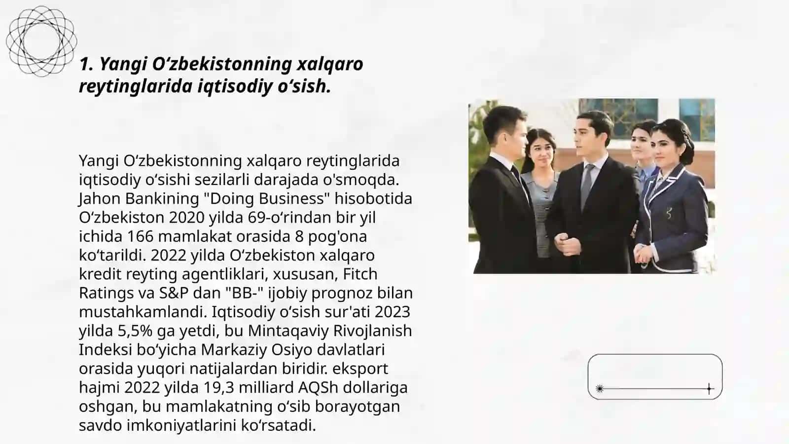 Yangi Oʻzbekistonning xalqaro reytinglarida iqtisodiy oʻsish 3