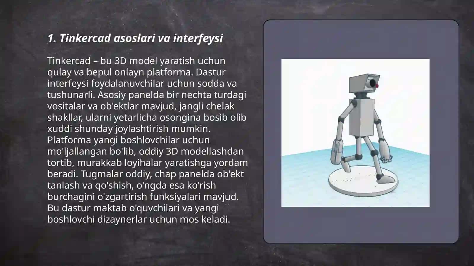 Tinkercad va 3dtinkercad o'quv platformasi yordamida robototexnika elementlarini o'rganish 3