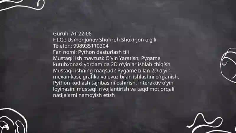 O'yin Yaratish: Pygame kutubxonasi yordamida 2D o'yinlar ishlab chiqish 3