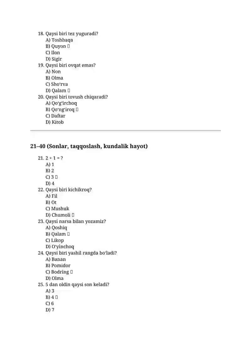 Bog‘cha va boshlang‘ich sinf bolalari uchun maxsus tayyorlangan 100 ta yengil IQ savol. 3