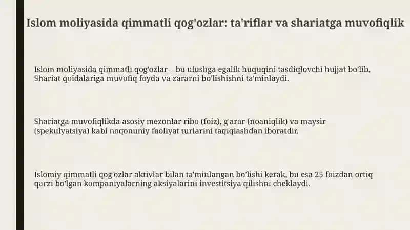 Islom moliyasida Qimmatli qogʻozlar. Aktsiya va sukuk 3