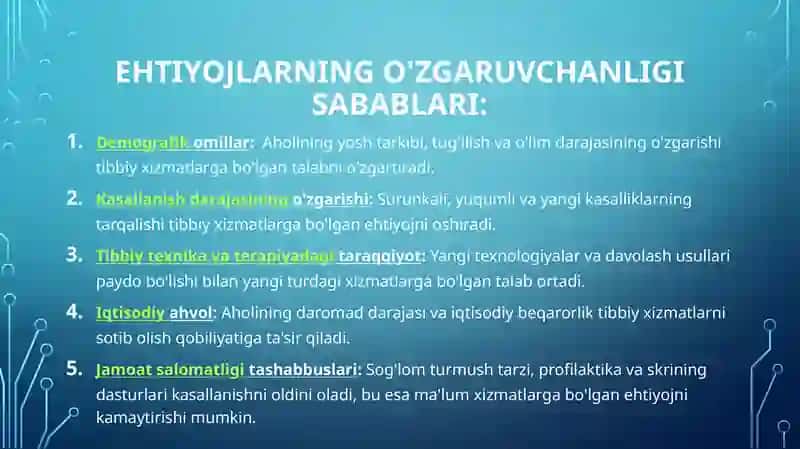 Tibbiy xizmatlarga bo’lgan ehtiyojlarning o’zgaruvchanligi sabablari va ehtiyoj,talab va taklifini moslashtirish muammolari. Tibbiy muassasalar va tibbiy xizmatlar bozorini davlat tomonidan tartibga solinish sabablari va usullari. Tibbiy muassasalar marketingi rejasi va marketing kompleksini ishlab chiqish. 3
