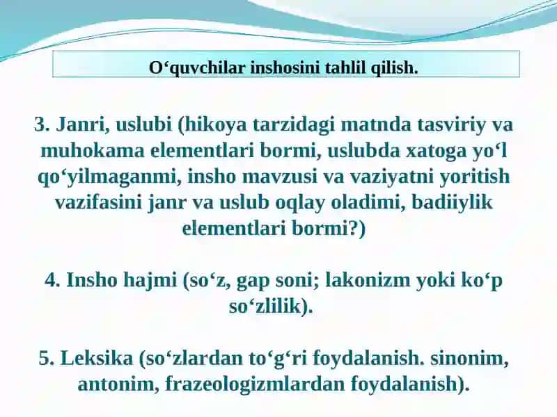 BOG‘LANISHLI NUTQ. OG‘ZAKI HIKOYA VA YOZMA INSHO. O‘QUVCHILAR INSHOSINI TAHLIL QILISH VA UNDAN KEYINGI ISHLAR. NUTQIY XATOLAR VA ULARNI BARTARAF ETISH YO‘LLARI 3