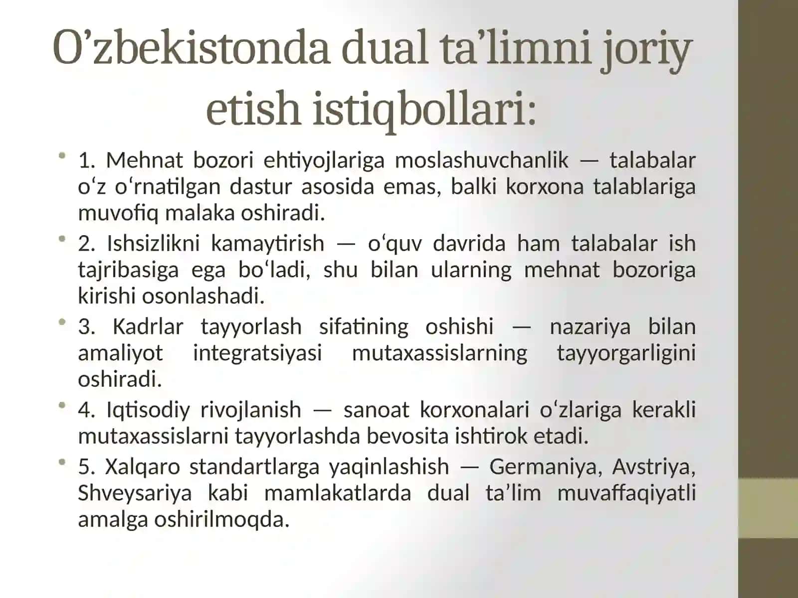 Ilmiy-pedagogik adabiyotlarni o’rganish, kasb-hunar ta’limida dual ta’lim tizimini joriy etish istiqbollari konsepsiyasini aniqlash va umumlashtirish 3
