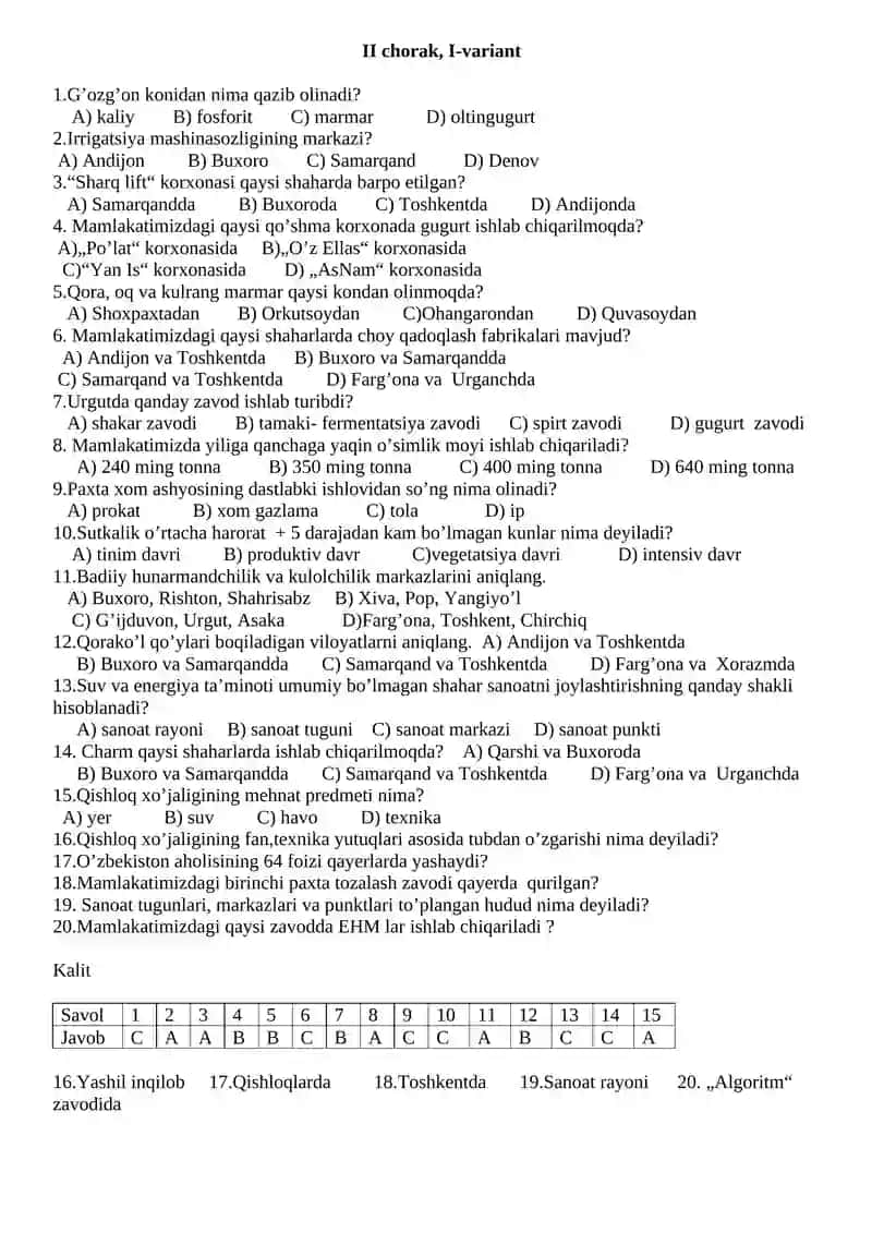 8 sinf, geografiya I chorak I variant 3