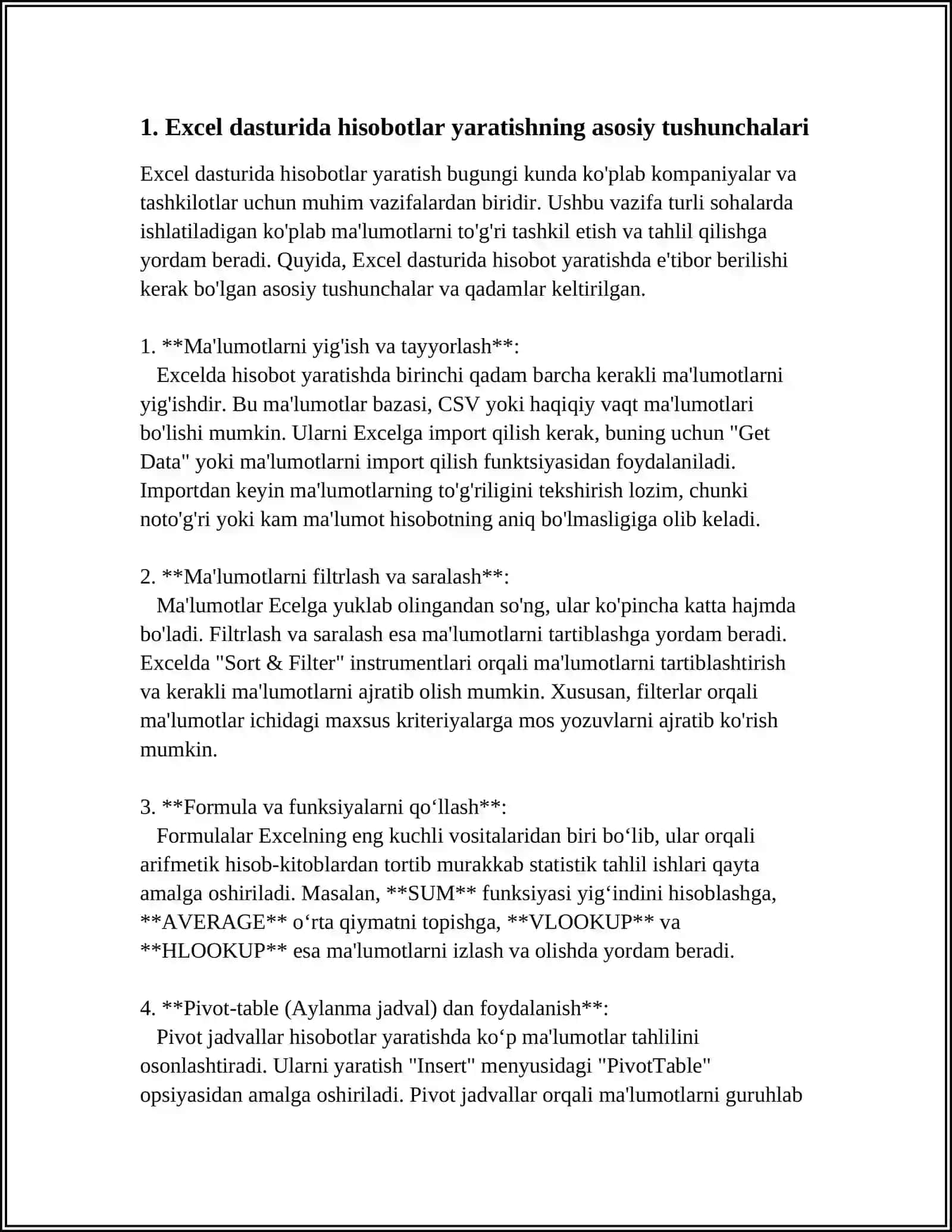 EXCEL DASTURIDA TURLI HISOBOTLAR TAYYORLASH 3