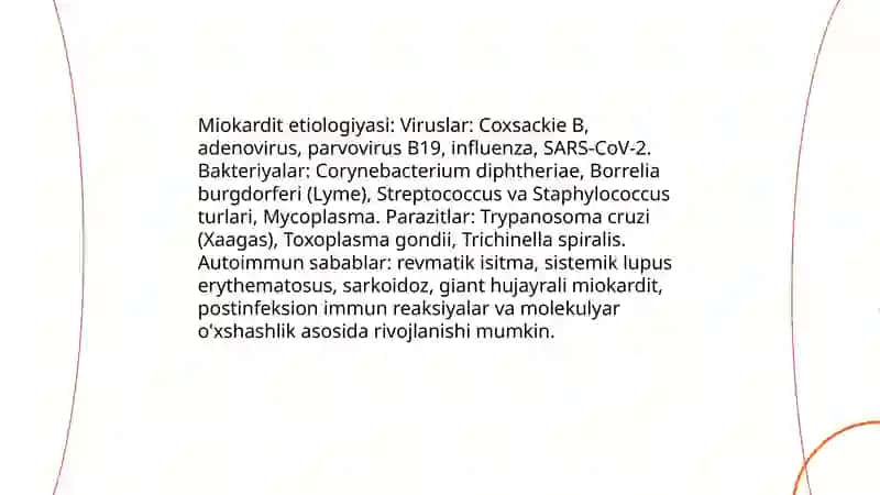 Miokarditlar. Perikarditlar. Etiologiya patogenez klinik diagnostikasi, asorat va davolash. Profilaktikasi 3