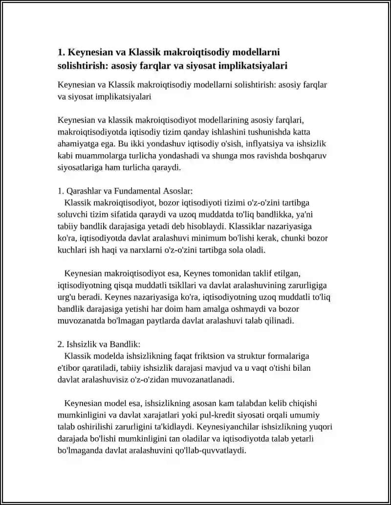 Keynesian va Klassik makroiqtisodiy modellarni solishtirish: asosiy farqlar va siyosat implikatsiyalari 3