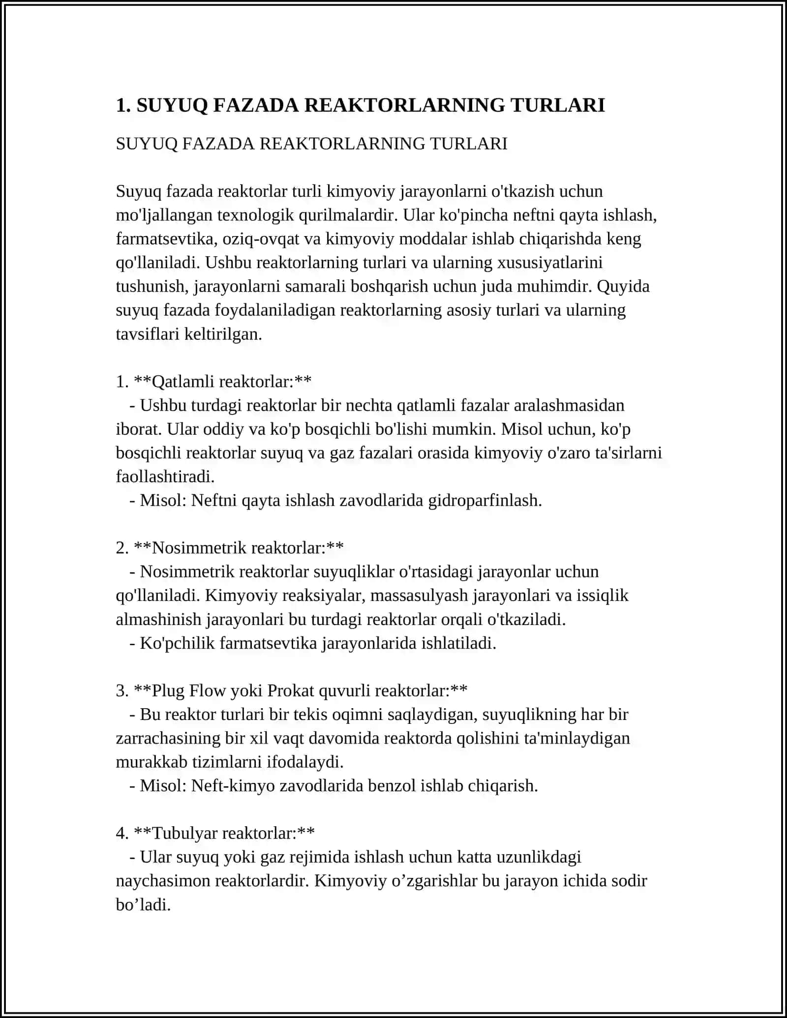 SUYUQ FAZA VA GAZ FAZA UCHUN REAKTORLAR 3