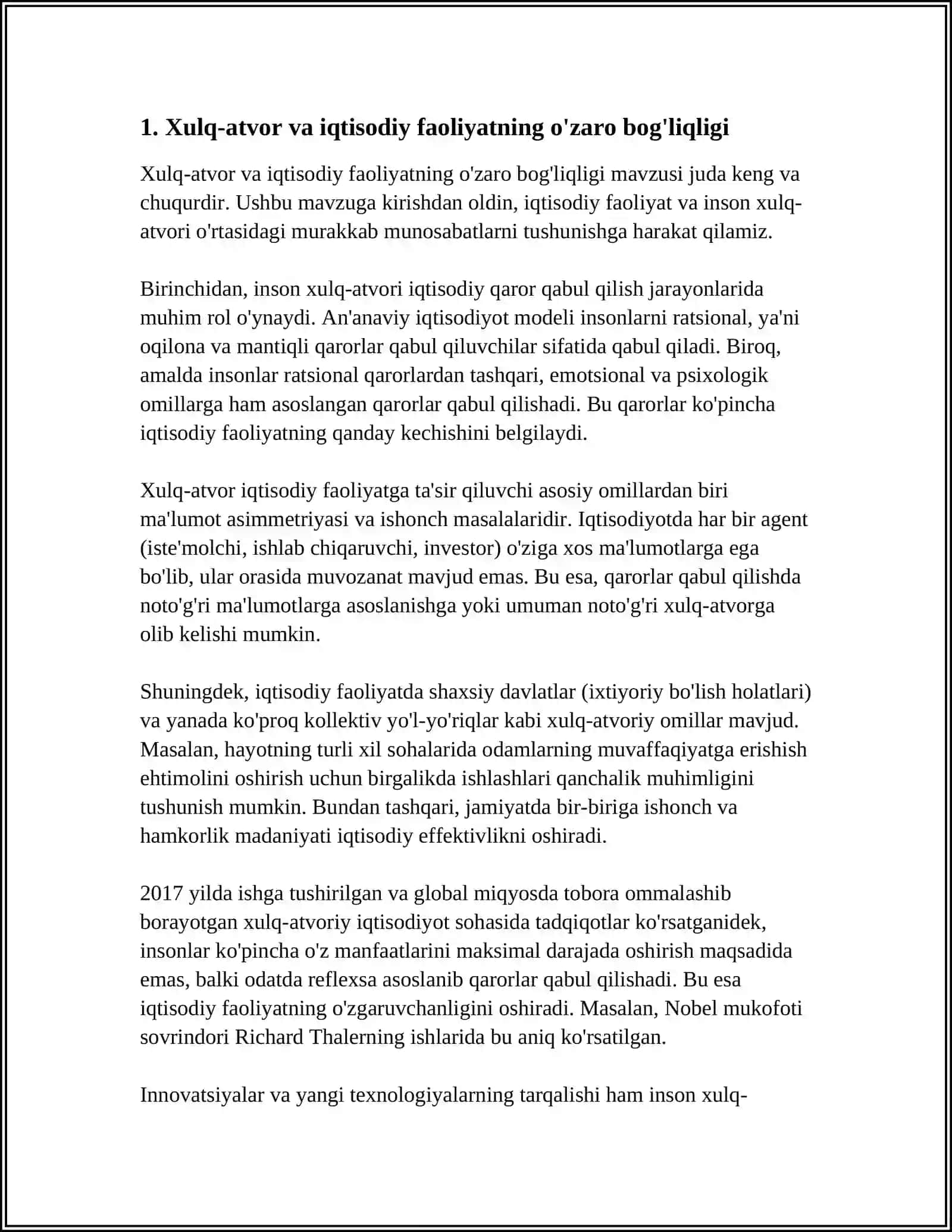 XULQ-ATVOR IQTISODIYOTIDA AHLOQIY QARASHLARI VA FAZILATLAR AHLOQIY MEZONLARI REFERAT 3