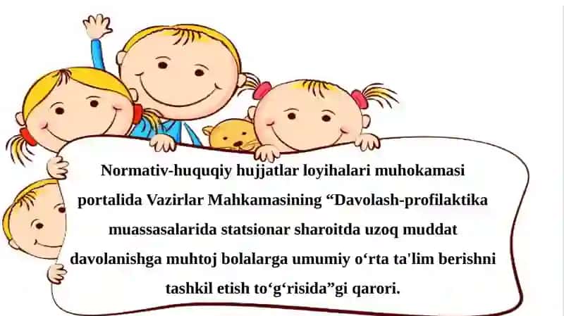 TIBBIYOT MUASSASALARI STATSIONARLARIDA UZOQ MUDDATLI DAVOLANAYOTGAN BOLALAR UCHUN TA’LIM MUHITINI YARATISH.TIBBIYOT SHIFOXONALARIDA UZOQ MUDDATLI DAVOLANAYOTGAN BOLALARNING TA’LIM OLISH IMKONIYATLARINI PEDAGOGIK QO’LLAB QUVVATLASH. 3