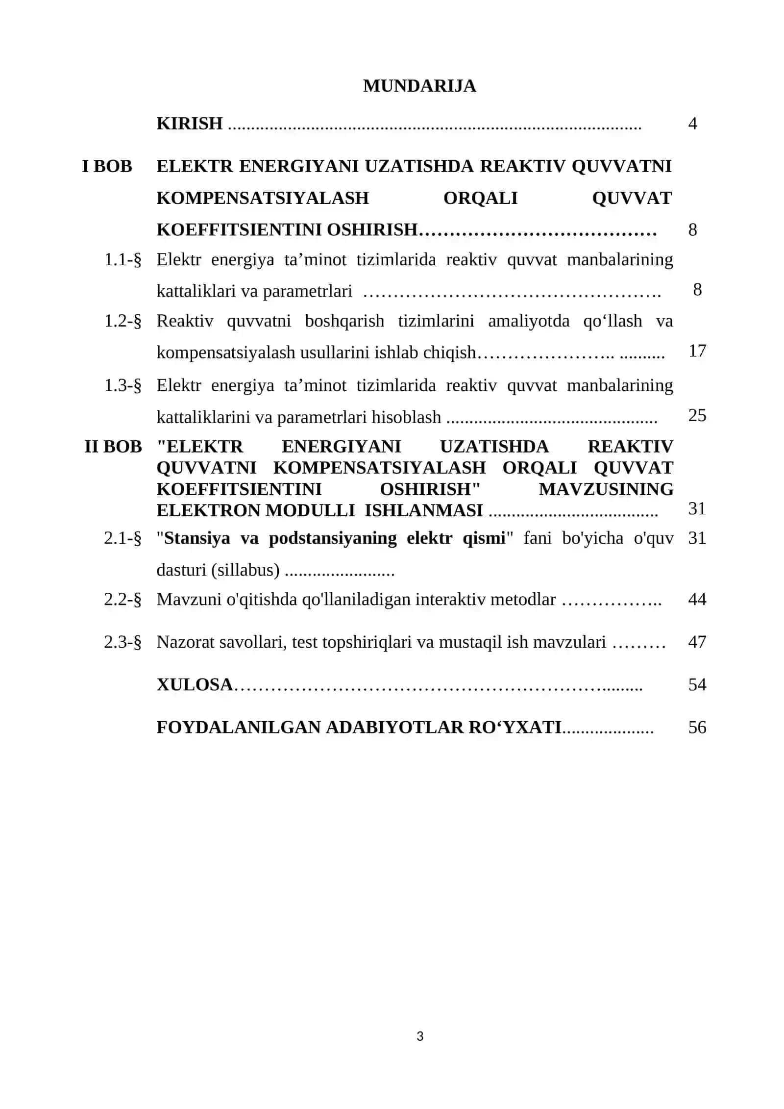 "Elektr energiyani uzatishda reaktiv quvvatni kompensatsiyalash orqali quvvat koeffitsientini oshirish" BITIRUV ISHI 3