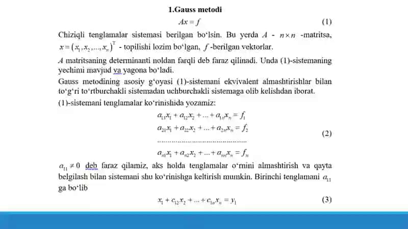 Chiziqli algebraik tenglamalar sistemasini (ChATS) yеchishning aniq metodlari 3