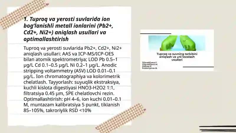 Tuproq va suvning ifloslanishida ion bog’lanishli birikmalarni aniqlab, ulardan tozalash usulini ishlab chiqish 3