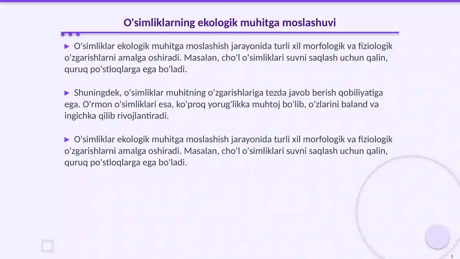 Turli muhit sharoyitida o'sgan o'simliklarning tuzilishini taqqoslash 3