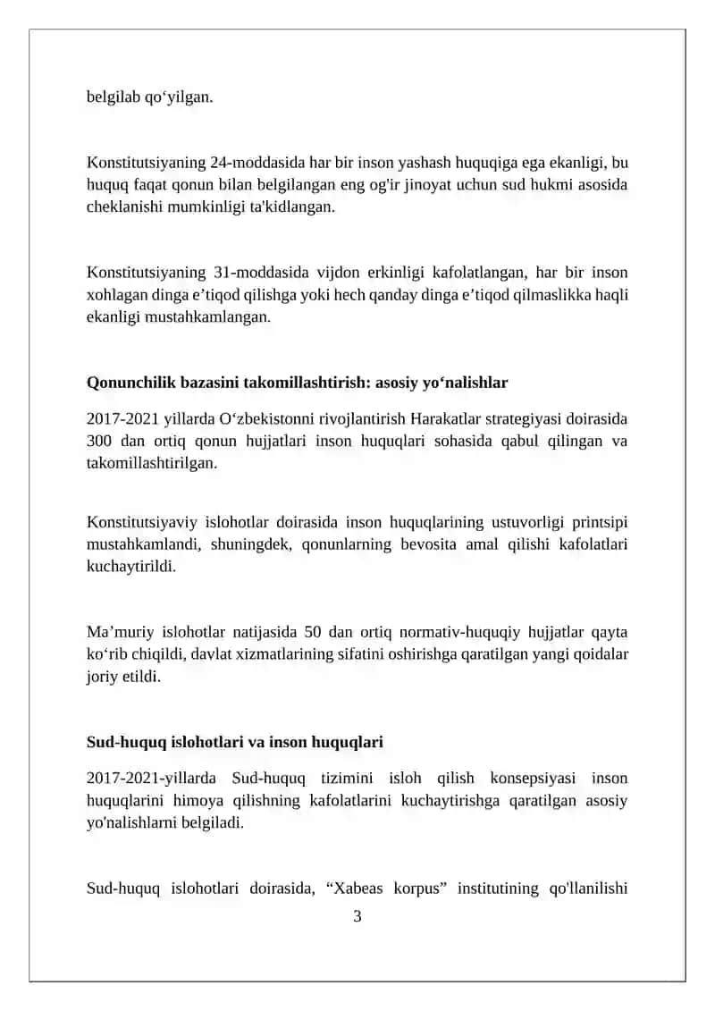 YANGI O‘ZBEKISTONDA INSON HAQ-HUQUQLARI VA ERKINLIKLARI KAFOLATINING YARATILISHI 3