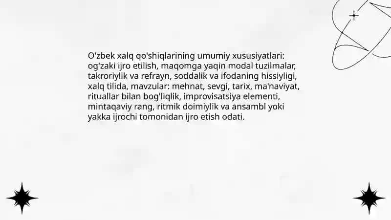 O'zbek xalq qoshiqlari xususiyatlari,turlari 3