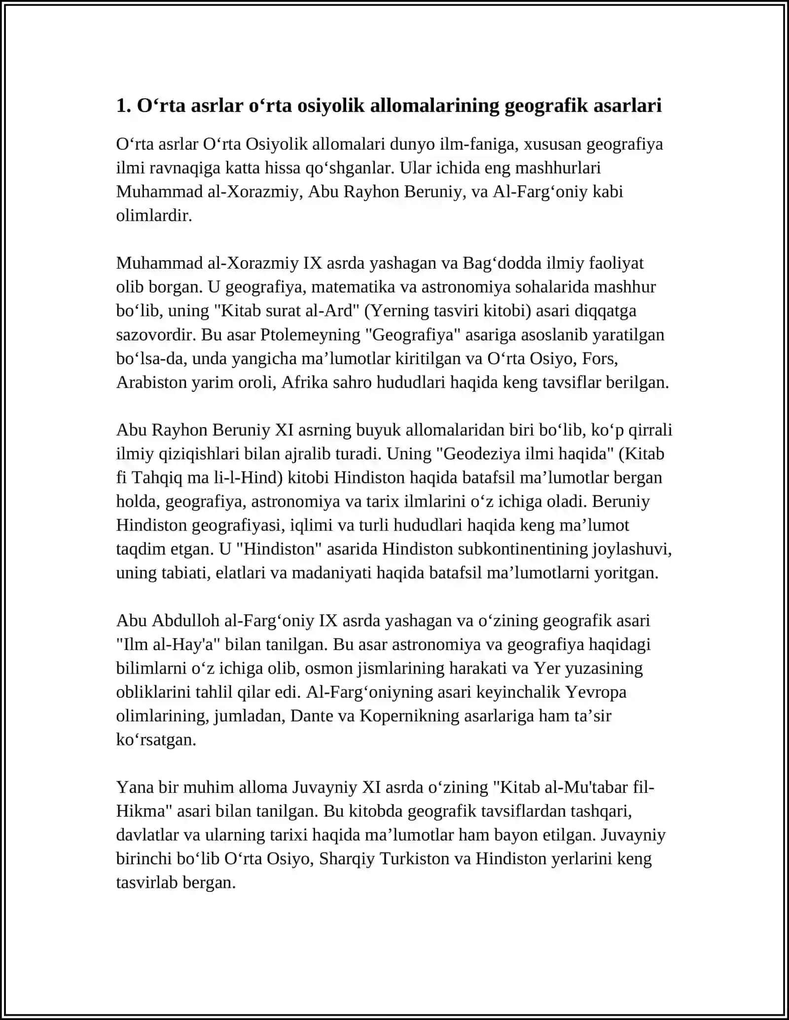 OʻRYA OSIYO ALLOMALARINING TARIXIY-GEOGRAFIK ASARLARI VA ULARNING ASOSIY MAZMUNI HAQIDA MAʼLUMOT 3