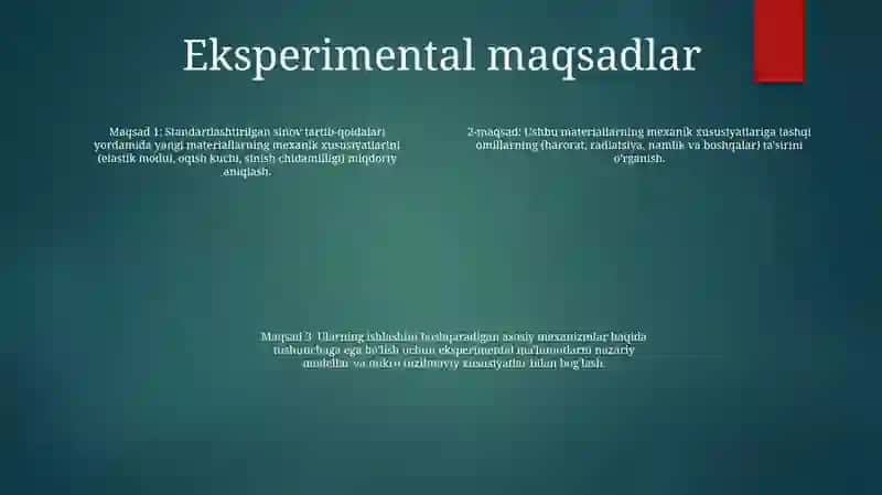 Yangi Materilallarning Mexanik Xususiyatlarini Tajribada O'Rganish Mexanik Xususiyatlarga Turli Omilarning (Harorati Radiktiv Nurlanish Namlik Va X.K.) Ta'Siri 3